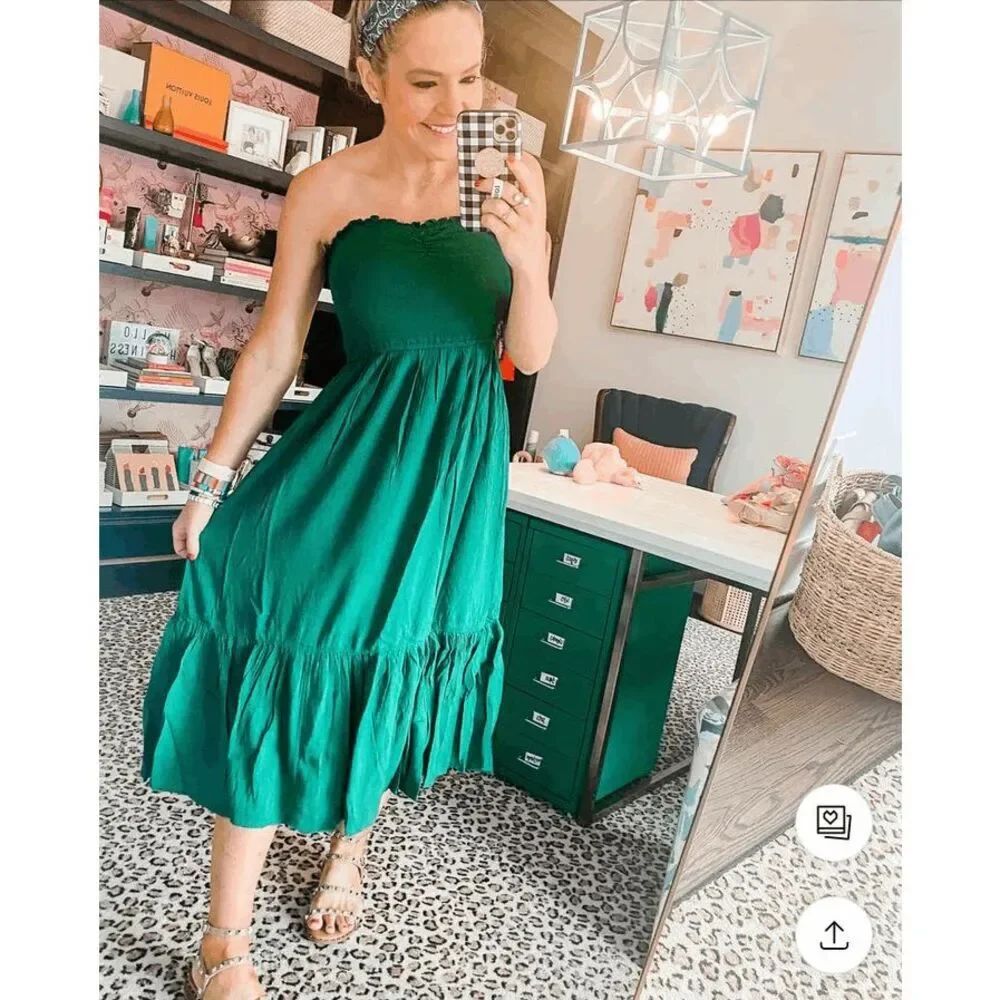Aerie Kelly Green Smocked Strapless Midi Beachy Summer Dress XS NWT - Picture 9 of 9